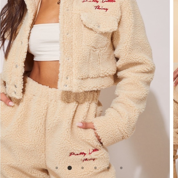PrettyLittleThing Jackets & Blazers - Cream borg embroidered crop jacket matching set